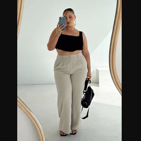 Princess Polly Curve Archer Straight Leg Taupe Trouser Pants Plus Size 14 - Picture 1 of 8